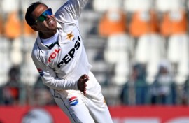 Noman Ali in action during the second Test against the West Indies in Multan