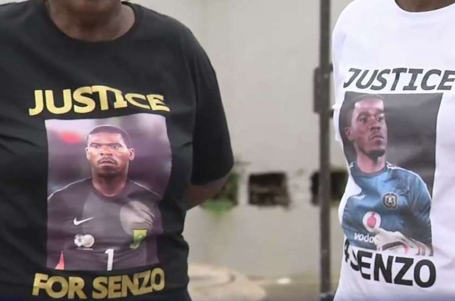 Family members with shirts calling for justice for Senzo Meyiwa.