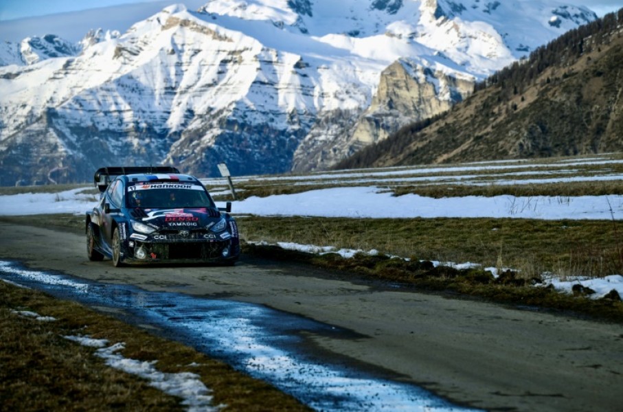 Toyota's French driver Sebastien Ogier leads the way in the Monte Carlo Rally not far from his home in Gap, France