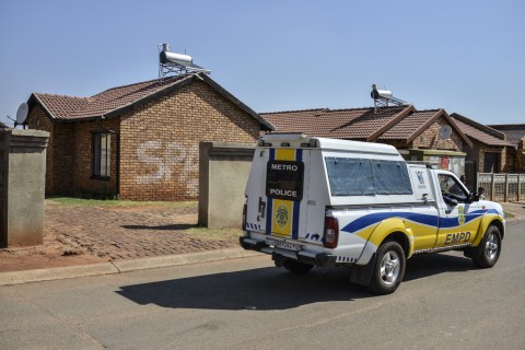 File: A police van patrols in front of the house where Orlando Pirate and Bafana Bafana goalkeeper Senzo Meyiwa was murdered in 2014 in Johannesburg. 