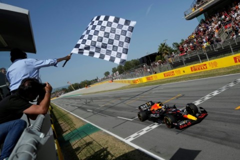 Max Verstappen crosses the finish line to win the Spanish Grand Prix in May