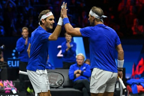 Roger Federer (left) teamed up with Rafael Nadal at the Laver Cup in London 