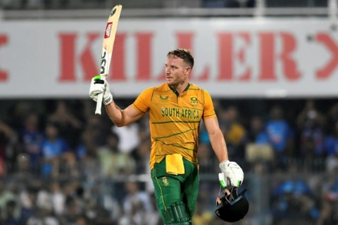 South Africa's David Miller celebrates scoring his century in Guwahati