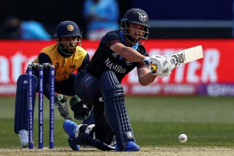 Namibia's Jan Frylinck on his way to top scoring with 44 to set up a shock win over Sri Lanka