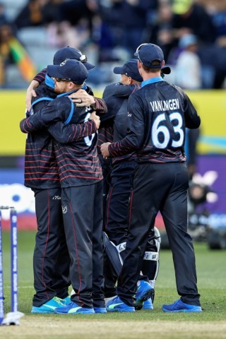 Namibia's players celebrate their win over Sri Lanka