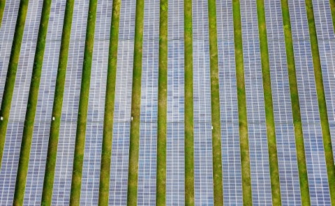 This aerial view shows solar panels at Sao Mai solar energy plant in Vietnam's An Giang province