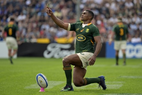 South Africa fly-half Damian Willemse prepares to take a kick at goal during a Rugby Championship victory over Argentina in Buenos Aires this season. 