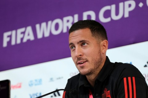 Belgium forward Eden Hazard speaks at a World Cup press conference in Doha