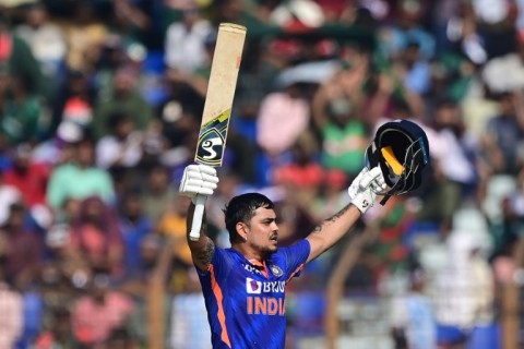 Kishan celebrates after scoring a century in the third and final ODI against Bangladesh in Chittagong