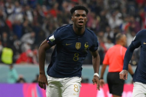 Aurelien Tchouameni celebrates scoring France's opening goal against England