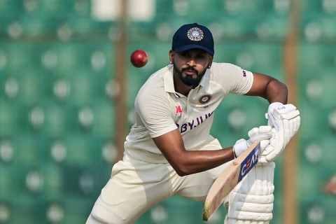 India's Shreyas Iyer plays a shot during the first day of the first  Test