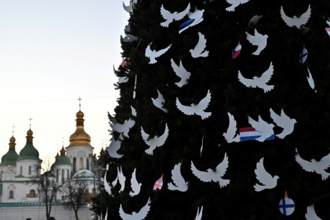 Kyiv officials on Monday lit up the garlands of a modest Christmas tree in the city centre