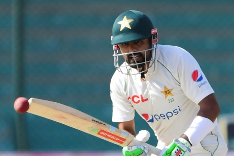 Pakistan's Babar Azam plays a ball during third Test against England in Karachi