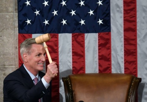 Speaker of the US House of Representatives Kevin McCarthy holds the gavel after he was elected on the 15th ballot