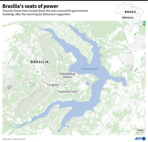 Location of the Presidential Palace, Congress and Supreme Court in Brasilia