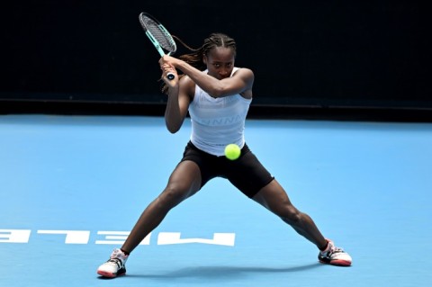 Coco Gauff of the US hits a return during a practice session ahead of the Australian Open tennis tournament in Melbourne