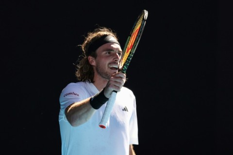 Stefanos Tsitsipas reacts after a point against Karen Khachanov at the Australian Open