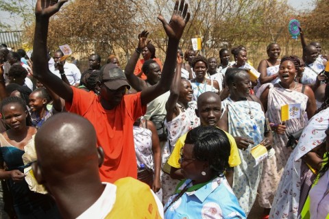 Crowds began lining the streets of Juba hours before the pope's arrival