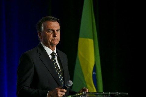 Former Brazilian president Jair Bolsonaro, speaking in Doral, Florida, on February 3, 2023 