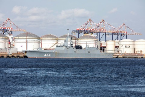 The Russian consulate in Cape Town tweeted a photo of the ship "Admiral Gorshkov" in the city's harbour