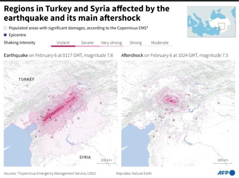 Regions affected by Turkey and Syria earthquake and its main aftershock 