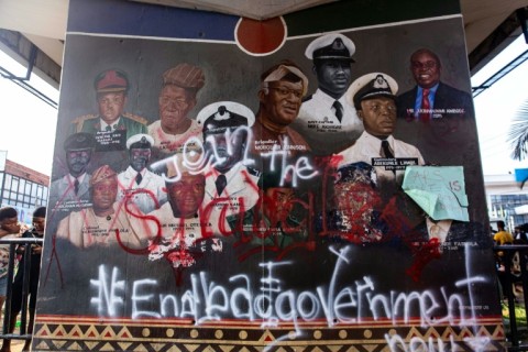 "End Bad Government" was sprayed on a wall with the faces of Nigerians past fallen heroes during ongoing protest against the unjust brutality of The Nigerian Police Force Unit, the Special Anti-Robbery Squad (SARS), in Ikeja, Lagos on October 19, 2020.