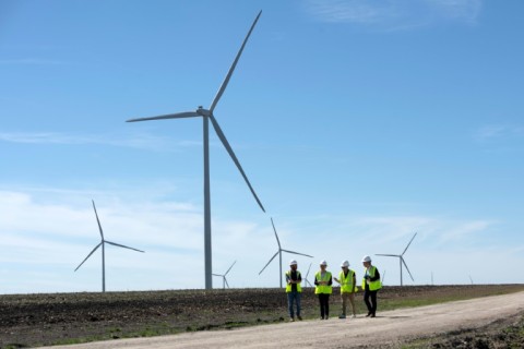 Employees of the French energy company Engie inspect wind turbines in a new project in Dawson, Texas, on February 28, 2023 