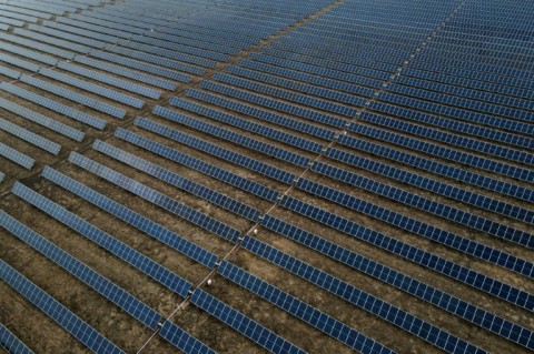 An aerial view of a vast solar-energy installation in Hill County, Texas, on March 1, 2023 