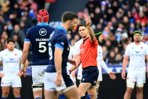 Scotland lock Grant Gilchrist is shown a red card in the Six Nations match against France