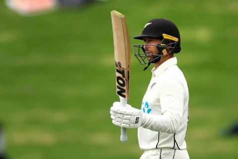 Devon Conway celebrates his half century for New Zealand against Sri Lanka at the start of the rain-affected second Test in Wellington on Friday