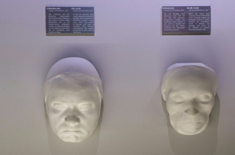 A life mask (L) and a death mask of German composer Ludwig Van Beethoven on display at the Funeral Museum in Vienna