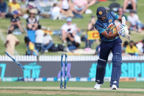 Sri Lanka’s Kasun Rajitha is bowled as his side struggles to 157 all out in the third one-day international against New Zealand in Hamilton