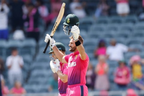 Hundred up: South Africa's Aiden Markram celebrates after scoring his century 