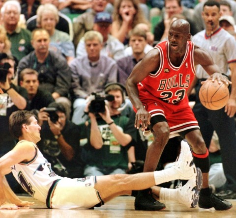 Michael Jordan in June 1998 in Salt Lake City, Utah, leaving a competitor helplessly looking on