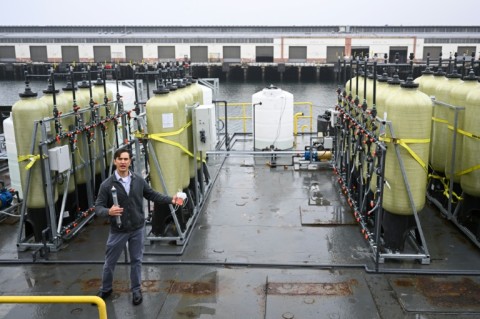 Engineers built a floating mini-factory on a 100-foot (30-meter) long boat which pumps in seawater and subjects it to an electrical charge