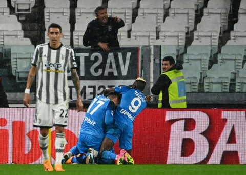 Napoli players celebrate after Giacomo Raspadori scored the only goal in the 1-0 win against Juventus that moved the southern side to the brink of their first Serie A title since 1990