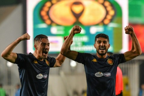 Mohamed Ali Ben Hammouda (R) celebrates one of his four CAF Champions League goals for Tunisian club Esperance this season.