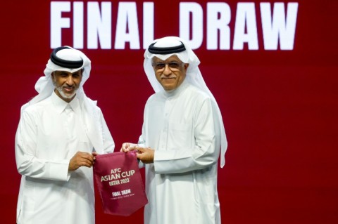 Qatar Football Association president Sheikh Hamad Bin Khalifa Bin Ahmed al-Thani (L) and president of the Asian Football Confederation (AFC) Sheikh Salman bin Ibrahim al-Khalifa at the draw for the AFC Asian Cup