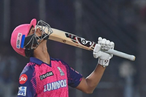 Record-breaker: Yashasvi Jaiswal celebrates after scoring his half-century 