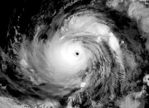 A satellite image showing Typhoon Mawar, as it approaches Guam 