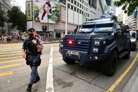 A police armoured vehicle is seen parked in the Causeway Bay shopping district of Hong Kong