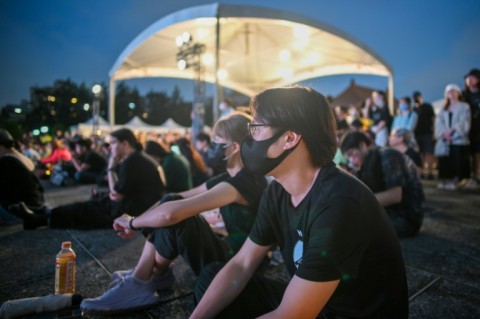 Some 500 people gathered at Taipei's Liberty Square to chant "fight for freedom, stand with Hong Kong" as night fell