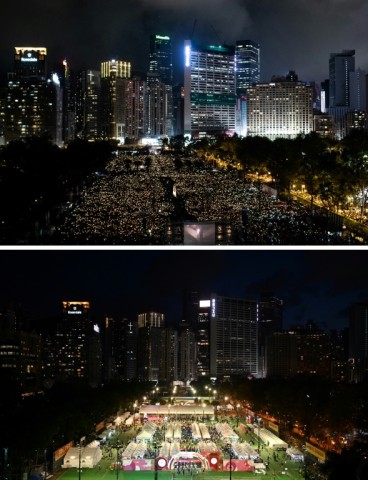 In this combo photo (top) people attend a candlelight vigil at Victoria Park in Hong Kong on June 4, 2019, and (bottom) a fair being held in Victoria Park on June 4, 2023