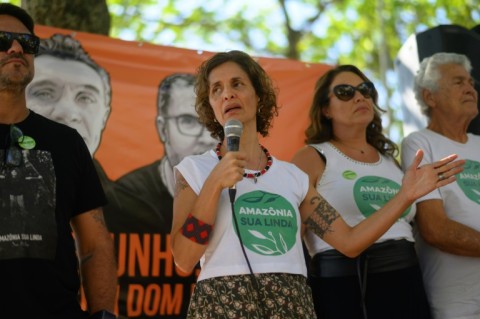 Alessandra Sampaio, widow of British journalist Dom Phillips, speaks during a commemoration in Rio de Janeiro marking one year since he and Brazilian Indigenous expert Bruno Pereira were murdered