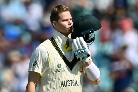 Australia's Steve Smith celebrates reaching his century against India in the World Test Championship final at the Oval