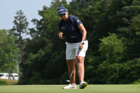 Ashleigh Buhai of South Africa reacts to a birdie putt on the 13th hole as she fired a six-under par 65 in the final round to win the ShopRite LPGA Classic