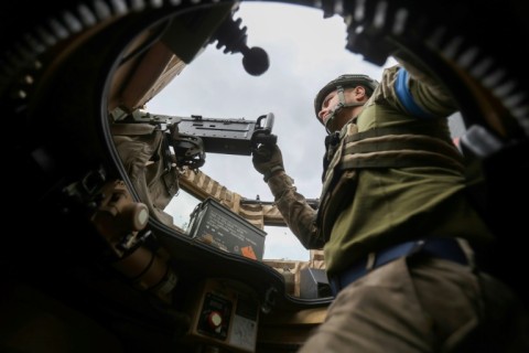 A Ukrainian serviceman in the recently recaptured village of Blagodatne, Donetsk region