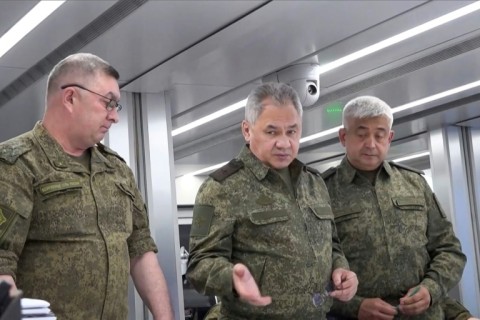 The Russian ministry of defence released handout footage of Defence Minister Sergei Shoigu inspecting Russian plans at a command bunker inside Ukraine 