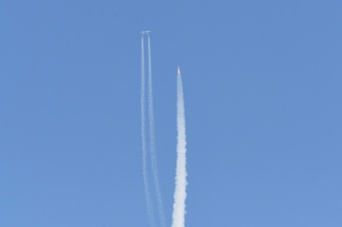 The Virgin Galactic SpaceShipTwo space plane Unity and mothership separate as they fly way above Spaceport America in New Mexico on July 11, 2021