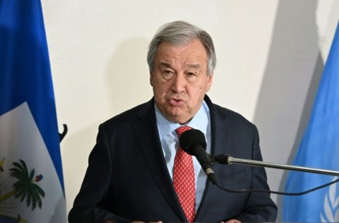 UN Secretary-General Antonio Guterres speaks to the media during his quick visit to Port-au-Prince on July 1, 2023